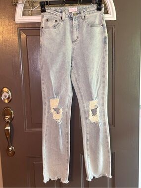 Pink Lily Light Blue Distressed Straight Leg Jeans